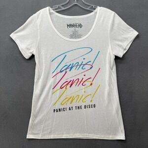Manhead Panic At The Disco Womens White Graphic Band Tee Shirt Size M Scoop Neck